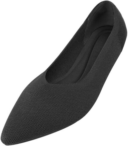 أحذية JBB النسائية المسطحة بمقدمة مدببة أحذية الباليه المحبوكة بكعب منخفض سهلة الارتداء للمشي فستان كاجوال بدون كعب بدون كعب أسود نقي 9 in Kuwait