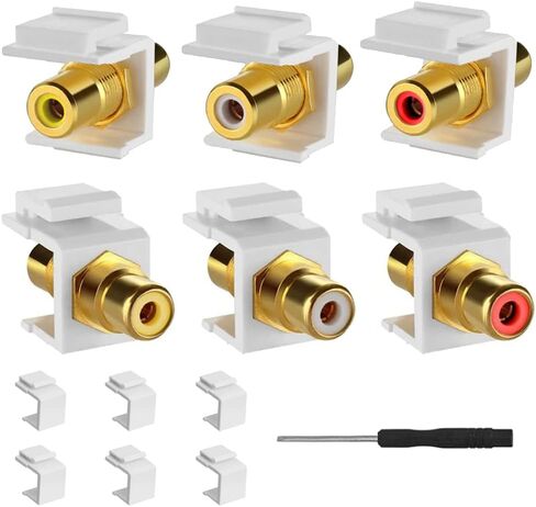 مقبس مقبس RCA Keystone، مقبس موصل RCA مطلي بالذهب مقبس حائط أنثى لحامل لوحة مخرج لوحة الحائط، أحمر/أبيض/أصفر، مع إدخالات مقبس حجر الزاوية الفارغة، مفك براغي (6 عبوات) in Saudi Arabia