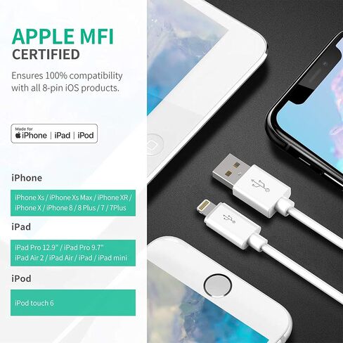 كابل شاحن Apple MFI Lightning إلى USB iPhone - مصنوع لهاتف iPhone 11/11pro max/Xs/XS Max/XR/X / 8/8 Plus / 7/7 Plus / 6/6 Plus / 5 / 5S والمزيد، 6 أقدام (أبيض)… in Kuwait