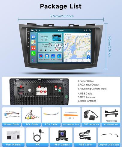 [8Core 4+64G]- for Suzuki Swift 2011-2017 Android Car Stereo with Wireless Carplay Android Auto, 9" HD 1280 * 720P IPS Touchscreen Car Radio with GPS WiFi DSP Audio Bluetooth 5.0 SWC Backup Camera in Saudi Arabia