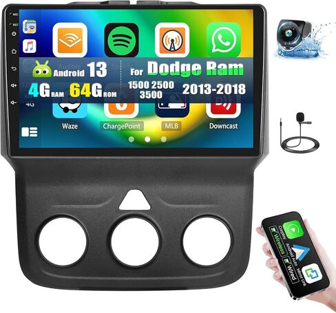 [4+64G] ستيريو سيارة Android 13 8 النواة لسيارة Dodge Ram 1500 2500 3500 2013-2018 (تيار متردد يدوي) مع Carplay&Android Auto، راديو سيارة 9 بوصة مع رابط مرآة بلوتوث FM/RDS WiFi GPS SWC مزدوج USB + كاميرا احتياطية in Saudi Arabia