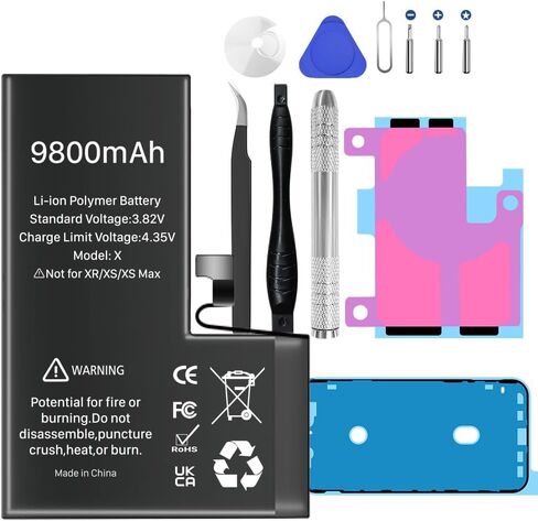 بطارية لهاتف iPhone X، 9800 مللي أمبير في الساعة، بطارية بديلة جديدة فائقة السعة 0 دورة متوافقة مع iPhone X A1865، A1901، A1902 مع مجموعة أدوات إصلاح كاملة in Kuwait