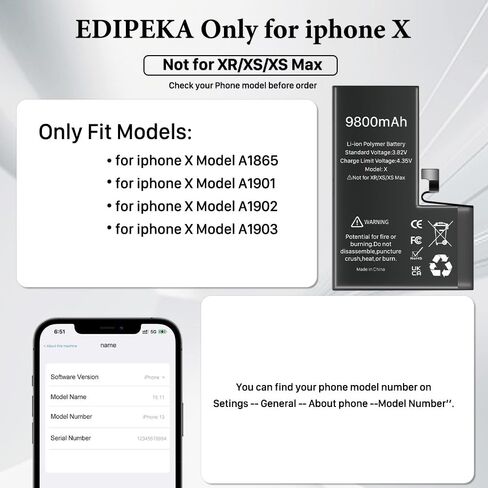 بطارية لهاتف iPhone X، 9800 مللي أمبير في الساعة، بطارية بديلة جديدة فائقة السعة 0 دورة متوافقة مع iPhone X A1865، A1901، A1902 مع مجموعة أدوات إصلاح كاملة in Kuwait