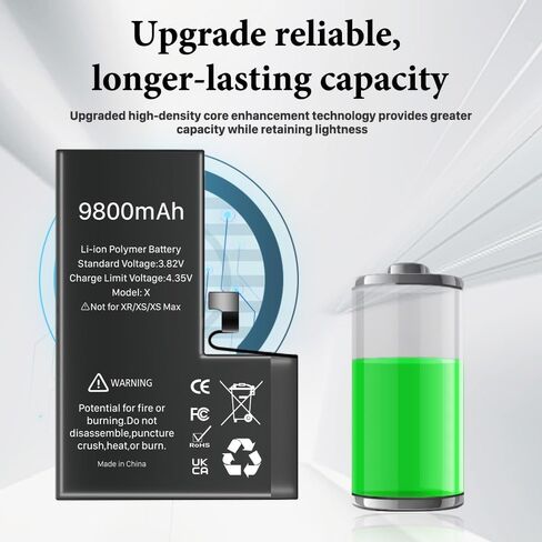 بطارية لهاتف iPhone X، 9800 مللي أمبير في الساعة، بطارية بديلة جديدة فائقة السعة 0 دورة متوافقة مع iPhone X A1865، A1901، A1902 مع مجموعة أدوات إصلاح كاملة in Kuwait