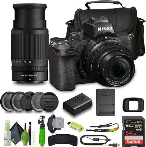 كاميرا Nikon Z50 صغيرة الحجم خفيفة الوزن بدون مرآة مع عدسات مقاس 16-50 مم و50-250 مم + حقيبة ناعمة + طقم تنظيف + محفظة بطاقات + بطاقة Extreme PRO سعة 64 جيجابايت + قارئ بطاقات + حزام يد + حامل ثلاثي القوائم مرن (متجدد) in Saudi Arabia