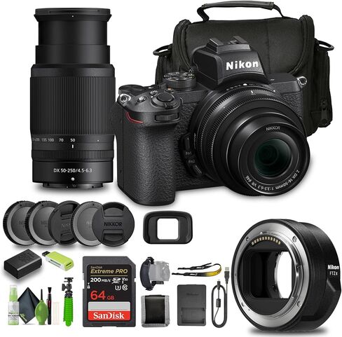 كاميرا Nikon Z50 صغيرة الحجم خفيفة الوزن وغير مزودة بمرآة مع عدسات مقاس 16-50 مم و50-250 مم + حقيبة ناعمة + بطاقة Extreme PRO سعة 64 جيجابايت + محول تركيب Nikon FTZ II + المزيد (متجدد) in Saudi Arabia