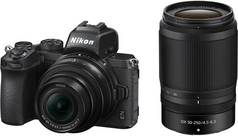 كاميرا Nikon Z50 صغيرة الحجم خفيفة الوزن وغير مزودة بمرآة مع عدسات مقاس 16-50 مم و50-250 مم + حقيبة ناعمة + بطاقة Extreme PRO سعة 64 جيجابايت + محول تركيب Nikon FTZ II + المزيد (متجدد) in Saudi Arabia