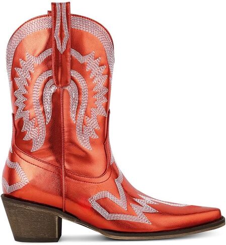 AMINUGAL Cowgirl Boots Chunky Heel Cowboy Boots for Women Pointed Toe Pull On Western Boots Women's Ankle Boots Country Concert Fashion Retro Metallic Booties in Kuwait