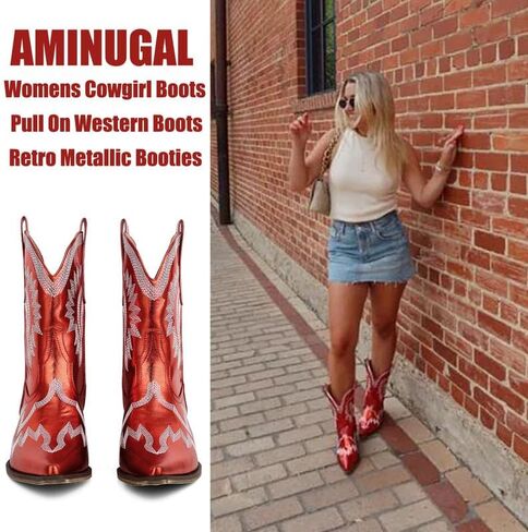 AMINUGAL Cowgirl Boots Chunky Heel Cowboy Boots for Women Pointed Toe Pull On Western Boots Women's Ankle Boots Country Concert Fashion Retro Metallic Booties in Kuwait