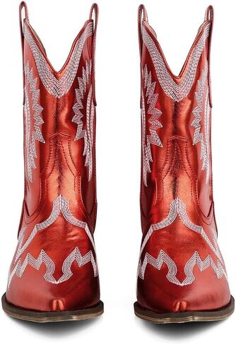 AMINUGAL Cowgirl Boots Chunky Heel Cowboy Boots for Women Pointed Toe Pull On Western Boots Women's Ankle Boots Country Concert Fashion Retro Metallic Booties in Kuwait