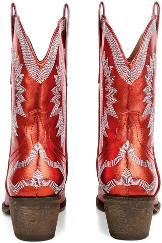 AMINUGAL Cowgirl Boots Chunky Heel Cowboy Boots for Women Pointed Toe Pull On Western Boots Women's Ankle Boots Country Concert Fashion Retro Metallic Booties in Kuwait