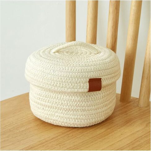 سلة تخزين صغيرة - سلال منسوجة من حبال القطن الطبيعي لتنظيم سلة لطيفة لديكور المنزل، صندوق تنظيم الحمام بجانب السرير (أبيض مع غطاء)... in Kuwait