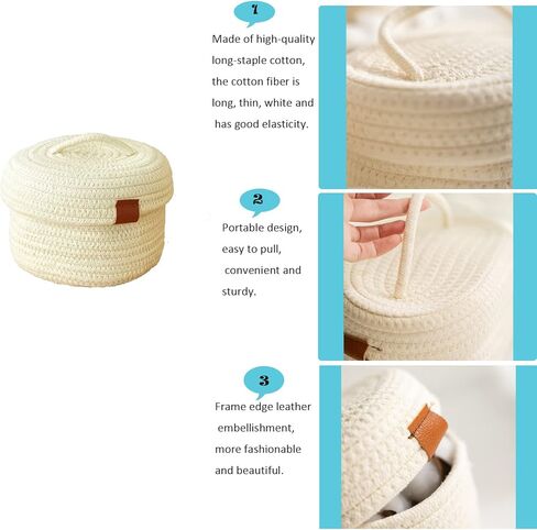 سلة تخزين صغيرة - سلال منسوجة من حبال القطن الطبيعي لتنظيم سلة لطيفة لديكور المنزل، صندوق تنظيم الحمام بجانب السرير (أبيض مع غطاء)... in Kuwait