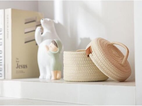 سلة تخزين صغيرة - سلال منسوجة من حبال القطن الطبيعي لتنظيم سلة لطيفة لديكور المنزل، صندوق تنظيم الحمام بجانب السرير (أبيض مع غطاء)... in Kuwait