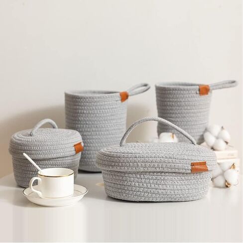 سلة تخزين صغيرة - سلال منسوجة من حبال القطن الطبيعي لتنظيم سلة لطيفة لديكور المنزل، صندوق تنظيم الحمام بجانب السرير (أبيض مع غطاء)... in Kuwait
