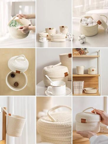سلة تخزين صغيرة - سلال منسوجة من حبال القطن الطبيعي لتنظيم سلة لطيفة لديكور المنزل، صندوق تنظيم الحمام بجانب السرير (أبيض مع غطاء)... in Kuwait