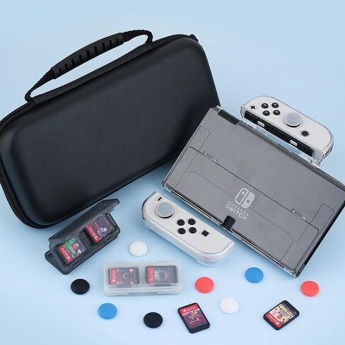 مجموعة حقيبة حمل RHOTALL متوافقة مع ملحقات Nintendo Switch OLED، حقيبة تخزين محمولة للسفر لجهاز Switch OLED مع غطاء واقي شفاف، واقي شاشة، 2 حافظة ألعاب و10 أغطية إبهام in Kuwait