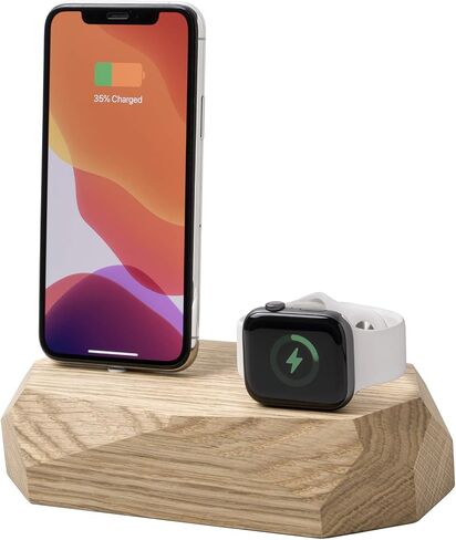 Oakywood Solid Wood Combo Dock Compatible with iPhone and Apple Watch, for 2 Apple Devices, Lightning Cord Lincluded, Wooden Docking Station Stand, Handcrafted, Natural Wood. Hand Polished, Oak in Saudi Arabia