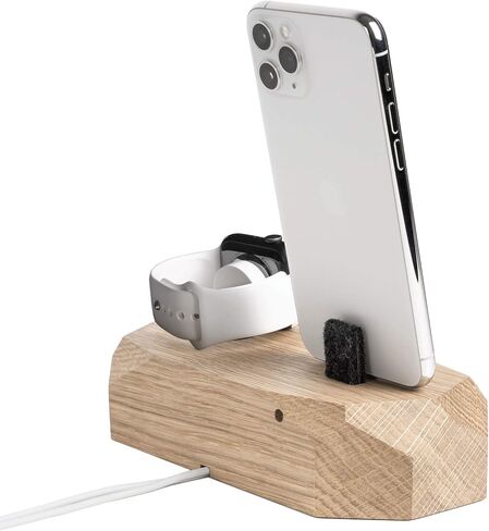 Oakywood Solid Wood Combo Dock Compatible with iPhone and Apple Watch, for 2 Apple Devices, Lightning Cord Lincluded, Wooden Docking Station Stand, Handcrafted, Natural Wood. Hand Polished, Oak in Saudi Arabia