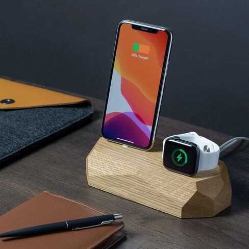 Oakywood Solid Wood Combo Dock Compatible with iPhone and Apple Watch, for 2 Apple Devices, Lightning Cord Lincluded, Wooden Docking Station Stand, Handcrafted, Natural Wood. Hand Polished, Oak in Saudi Arabia