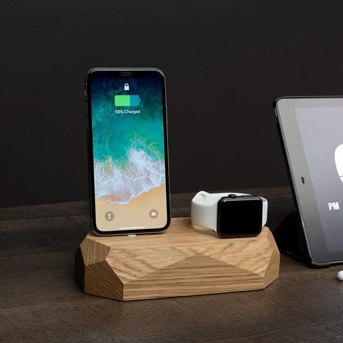 Oakywood Solid Wood Combo Dock Compatible with iPhone and Apple Watch, for 2 Apple Devices, Lightning Cord Lincluded, Wooden Docking Station Stand, Handcrafted, Natural Wood. Hand Polished, Oak in Saudi Arabia