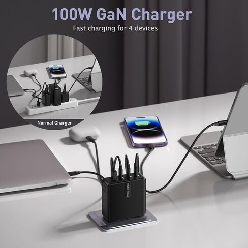 شاحن حائط USB C بقدرة 100 واط، محطة شحن سريعة، شاحن محمول بالطاقة PD، 4 منافذ شاحن سفر متوافق مع الهواتف، MacBook Pro، iPad، AirPods، Dell XPS، Pixel، PS5، Switch in Kuwait