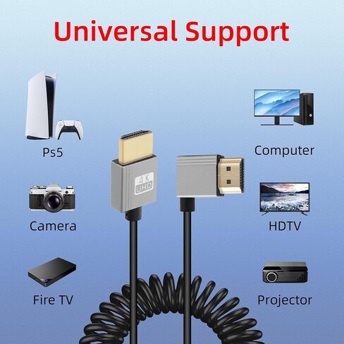 GELRHONR 4k HDMI Coiled Cable, Male-to-Male HDMI Extension Cable Spring Flexible Cable, High Speed 4K@60Hz HDMI to HDMI 2.0 Cable Slim, Support ARC, 3D, HD TV, Laptop, PC, Projector (Left Angle) in Saudi Arabia