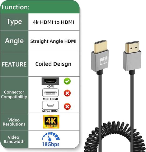 GELRHONR 4k HDMI Coiled Cable, Male-to-Male HDMI Extension Cable Spring Flexible Cable, High Speed 4K@60Hz HDMI to HDMI 2.0 Cable Slim, Support ARC, 3D, HD TV, Laptop, PC, Projector (Left Angle) in Saudi Arabia