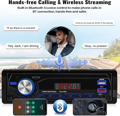 UNITOPSCI Single Din Car Stereo Radio Receiver with Bluetooth 5.1 FM Radio, Car MP3 Media Player, App Control & Location, 1 Din Car Audio Dual USB/AUX/SD Card Input/Quick Charge, Remote Control in Saudi Arabia