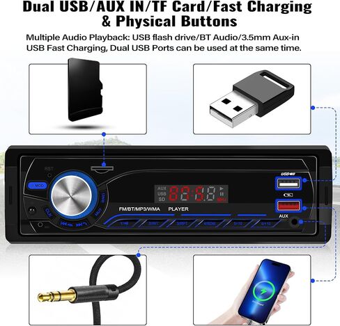 UNITOPSCI Single Din Car Stereo Radio Receiver with Bluetooth 5.1 FM Radio, Car MP3 Media Player, App Control & Location, 1 Din Car Audio Dual USB/AUX/SD Card Input/Quick Charge, Remote Control in Saudi Arabia
