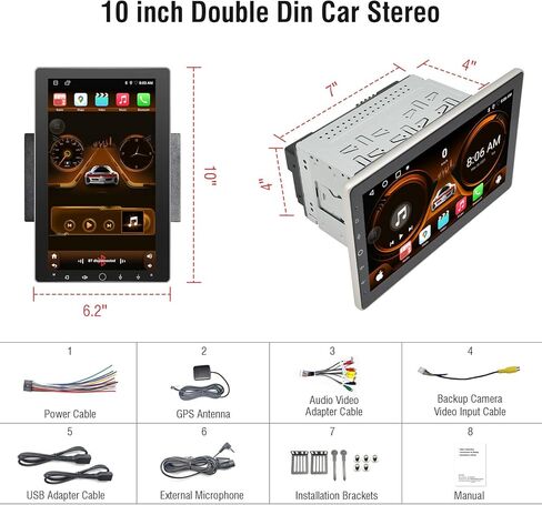 مزدوج الدين سيارة ستيريو تعمل باللمس CarPlay اللاسلكية الروبوت السيارات، 10 بوصة دوران راديو السيارة الروبوت مع نظام تحديد المواقع والملاحة بلوتوث واي فاي ميرورلينك، سيارة عائمة الصوت مشغل الوسائط المتعددة in Kuwait