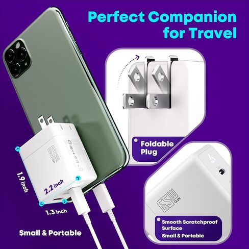 65W USB C Wall Fast Charger, USB C Charger Block, PPS 3-Port Compact GaN Laptop Fast Charger for MacBook Pro/Air, Ipad Pro, iPhone 14/Pro, Galaxy S23/S22, Google, 9.84ft/3m USB C to C Cable White in Saudi Arabia