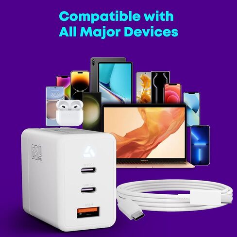 65W USB C Wall Fast Charger, USB C Charger Block, PPS 3-Port Compact GaN Laptop Fast Charger for MacBook Pro/Air, Ipad Pro, iPhone 14/Pro, Galaxy S23/S22, Google, 9.84ft/3m USB C to C Cable White in Saudi Arabia