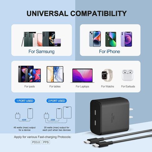 45W USB-C Charger, Dual Port Super Fast Charger Type C with 5Ft USB-C Cable Support Samsung Fast Charger for Galaxy S24 Ultra/S24/S24+/S23 Ultra/S23/S23+/S22/S20/S21, Tab S7/S8, Note10/Note20 in Kuwait
