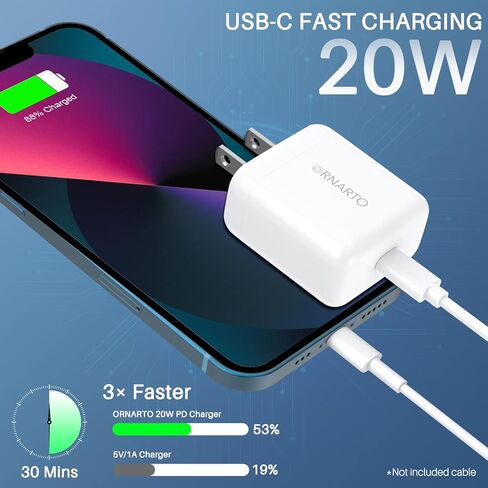 شاحن ORNARTO USB C، شاحن شحن سريع 20 وات، شاحن حائط PD كتلة محول الطاقة لهواتف iPhone 15/14/13/12/SE/11 Pro Max Plus Mini، لأجهزة AirPods، وiPad، وGalaxy، وPixel in Kuwait