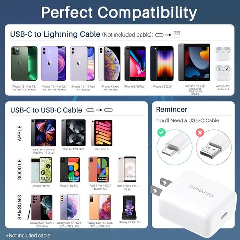 شاحن ORNARTO USB C، شاحن شحن سريع 20 وات، شاحن حائط PD كتلة محول الطاقة لهواتف iPhone 15/14/13/12/SE/11 Pro Max Plus Mini، لأجهزة AirPods، وiPad، وGalaxy، وPixel in Kuwait