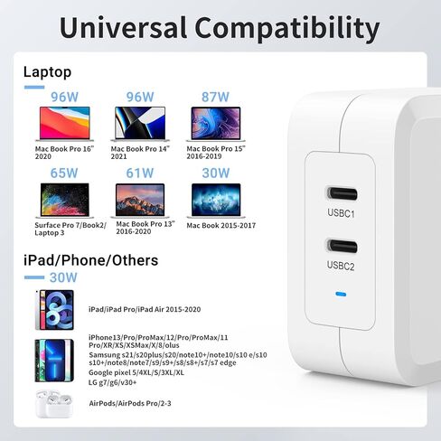 GMM 40W USB C Charger, 2 Ports GaN Fast Charger Block, Foldable Wall Charger with 100W Type C Charger Cable for MacBook Pro/Air, iPhone 15 14, Apple Watch, iPad Pro, Galaxy S23, Pixel etc in Saudi Arabia