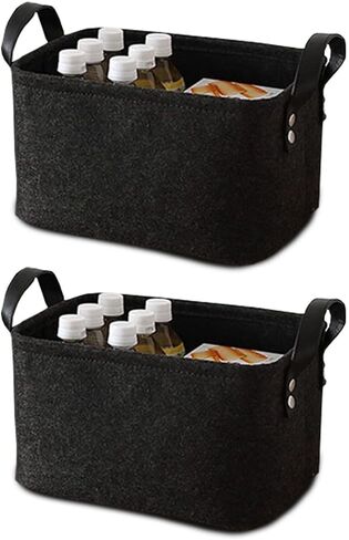 2 Piece Felt Fabric Baskets, Toy Organiser Cube, Felt Storage Box, Foldable, with Two Handles, for Clothes, Towel, Toiletry, Baby Products, Books (Black) in Saudi Arabia