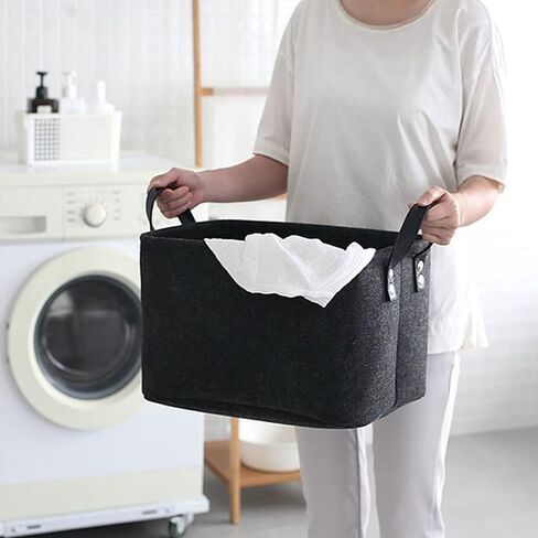 2 Piece Felt Fabric Baskets, Toy Organiser Cube, Felt Storage Box, Foldable, with Two Handles, for Clothes, Towel, Toiletry, Baby Products, Books (Black) in Saudi Arabia