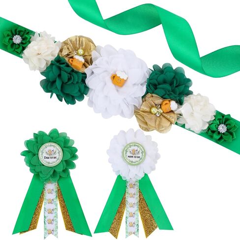 JOYMEMO Greenery A Baby is Brewing Baby Shower Maternity Sash Kit, Sage Green Beer Baby Shower Belly Belt and Mom to Be & Dad to Be Corsage Pins, Pregnancy New Parents Photo Props Party Supplies in Saudi Arabia