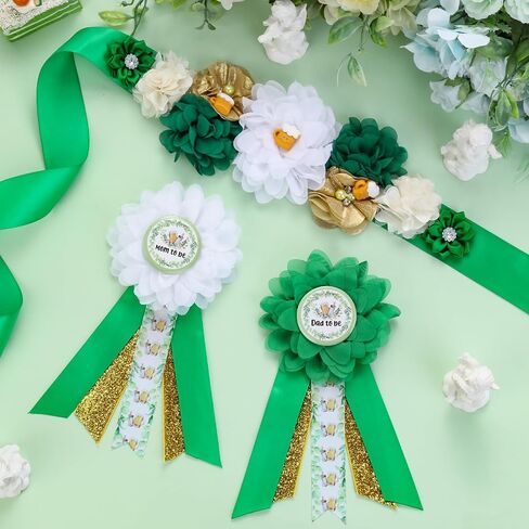 JOYMEMO Greenery A Baby is Brewing Baby Shower Maternity Sash Kit, Sage Green Beer Baby Shower Belly Belt and Mom to Be & Dad to Be Corsage Pins, Pregnancy New Parents Photo Props Party Supplies in Saudi Arabia