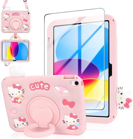 Coolden for iPad 10th Generation Case for Kids Girls iPad 10th 10.9 Case with Screen Protector Shoulder Strap Kickstand Cute Cat Cartoon Silicone Protective Case for iPad 10th Gen Case (2022)-Pink in Kuwait