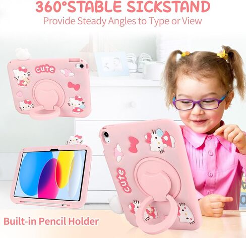 Coolden for iPad 10th Generation Case for Kids Girls iPad 10th 10.9 Case with Screen Protector Shoulder Strap Kickstand Cute Cat Cartoon Silicone Protective Case for iPad 10th Gen Case (2022)-Pink in Kuwait