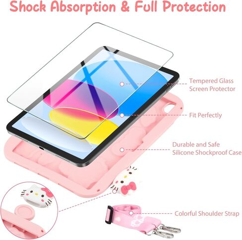 Coolden for iPad 10th Generation Case for Kids Girls iPad 10th 10.9 Case with Screen Protector Shoulder Strap Kickstand Cute Cat Cartoon Silicone Protective Case for iPad 10th Gen Case (2022)-Pink in Kuwait
