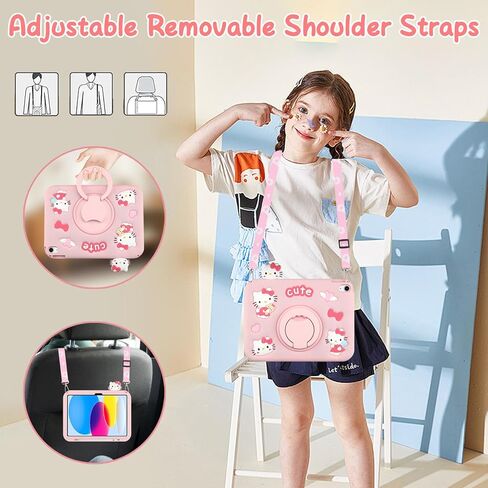 Coolden for iPad 10th Generation Case for Kids Girls iPad 10th 10.9 Case with Screen Protector Shoulder Strap Kickstand Cute Cat Cartoon Silicone Protective Case for iPad 10th Gen Case (2022)-Pink in Kuwait