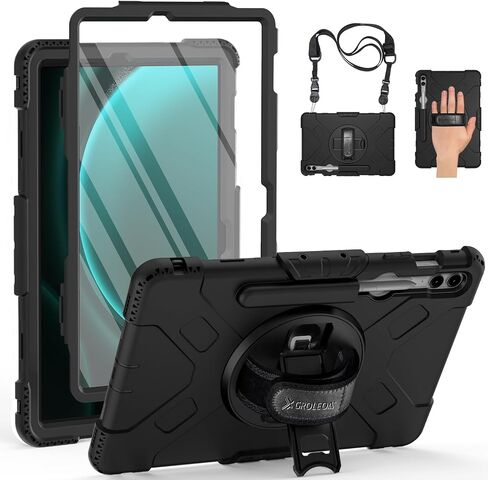 حافظة Galaxy Tab S9 FE Plus 5G: حافظة متينة مقاومة للصدمات من الدرجة العسكرية لجهاز Tab S9 FE+ مقاس 12.4 بوصة مع واقي شاشة - حامل دوار 360 درجة - مقبض - حزام كتف - حامل قلم S - أسود in Kuwait