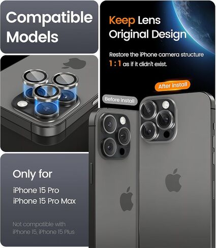 واقي عدسة الكاميرا لهاتف iPhone 15 Pro 6.1 بوصة وiPhone 15 Pro Max 6.7 بوصة، زجاج مقسى، صلابة 9H، فائقة الدقة، مضادة للخدش، سهلة التركيب، صديقة للحافظة - تيتانيوم أسود in Kuwait