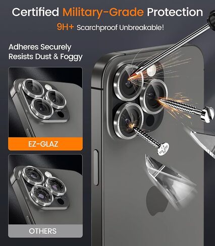واقي عدسة الكاميرا لهاتف iPhone 15 Pro 6.1 بوصة وiPhone 15 Pro Max 6.7 بوصة، زجاج مقسى، صلابة 9H، فائقة الدقة، مضادة للخدش، سهلة التركيب، صديقة للحافظة - تيتانيوم أسود in Kuwait