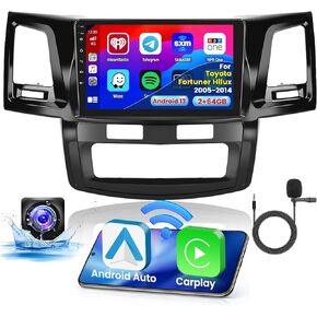 2+64G Android 13 Carplay Radio Touch Screen Car Stereo for Toyota Fortuner Hilux 2005-2014, 9'' HD Compatible with Android Auto, AHD Backup Camera, Mirror Link, GPS, WiFi, FM RDS
