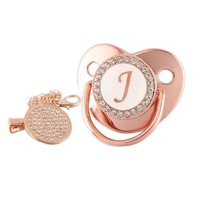 Baby Pacifier and Clips with Rhinestones Rose Gold Bling 26 Letters Initials Personalized Baby Infant Newborn Pacifier Teething Soothie Toy for Infant 6-12 Months (A)